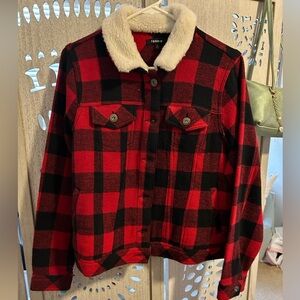 Torrid Red and Black Plaid Jacket with Cream Collar